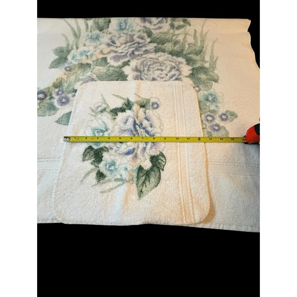 Vtg JC Penney 2pc Bath Towel & Wash Cloth Set Blue & Lavender Roses Butterfly